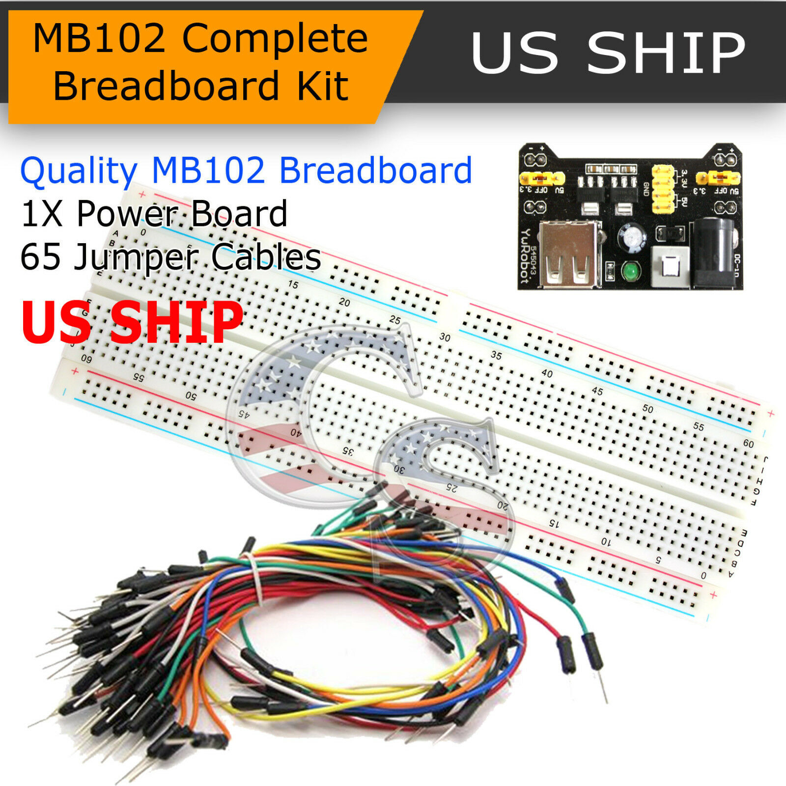 Mb-102 830 Point Prototype Pcb Breadboard+65pcs Jump Cable Wires+power Supply