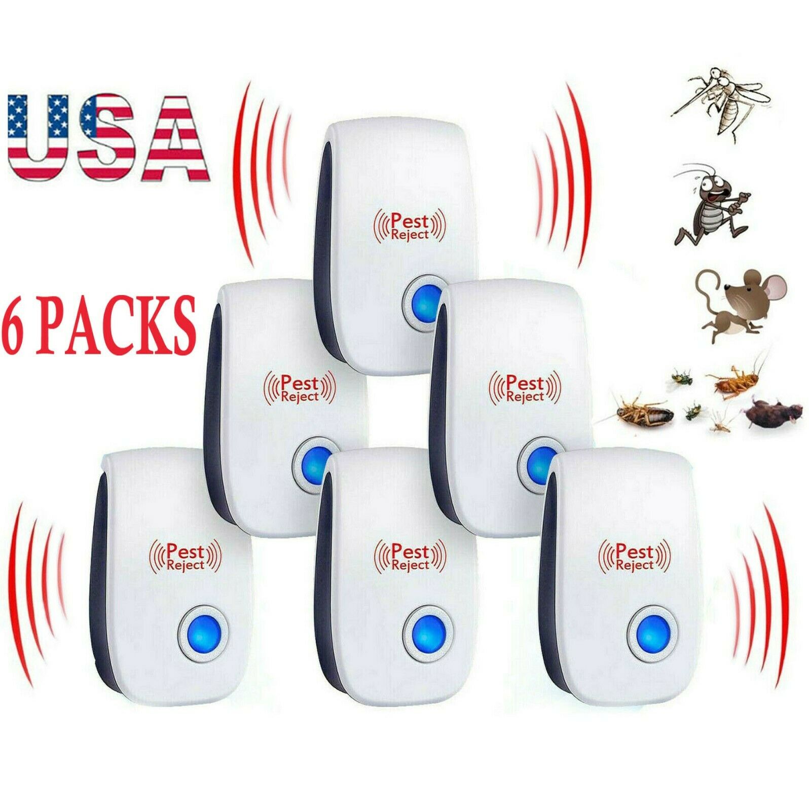 Usa 6 Pack Ultrasonic Pest Repeller Reject Mice Insect Mosquito Cockroach Killer